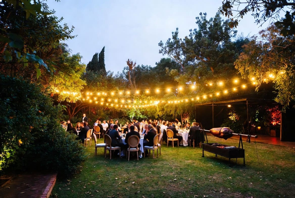 Elegant private garden event with professional spit braai catering set to the side, offering more flexibility than restaurants near me